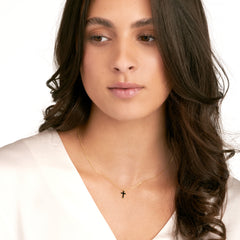 14k Yellow Gold Cross Necklace with Black Enamel, Adjustable Chain, 18 Inches