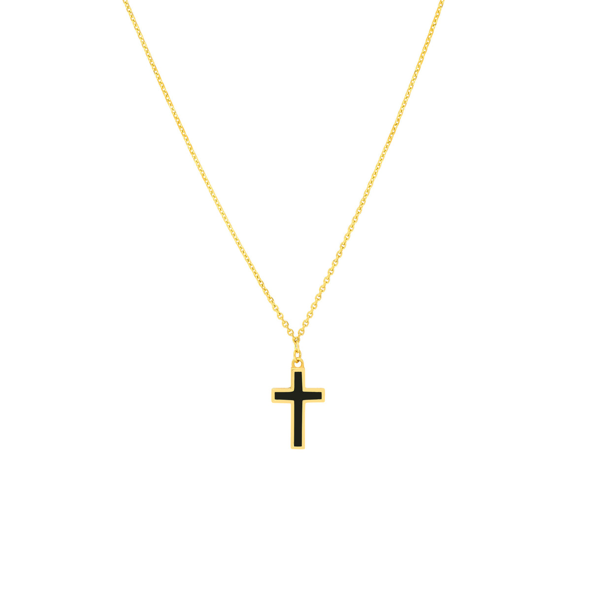 14k Yellow Gold Cross Necklace with Black Enamel, Adjustable Chain, 18 Inches