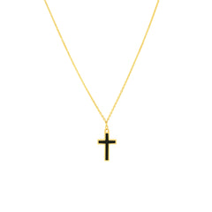 14k Yellow Gold Cross Necklace with Black Enamel, Adjustable Chain, 18 Inches