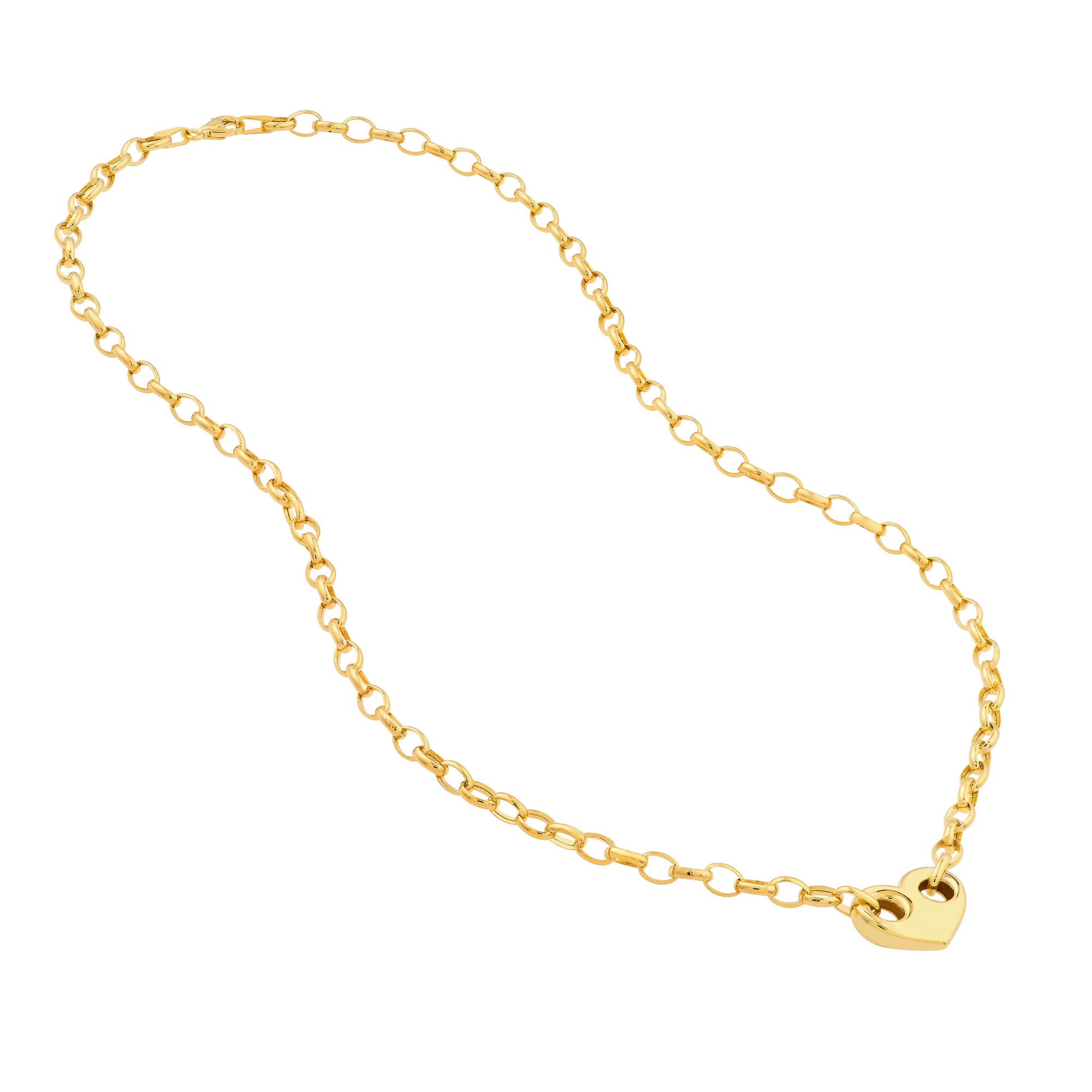 14k Yellow Gold Heart Puff Mariner And Oval Rolo Necklace, 18"