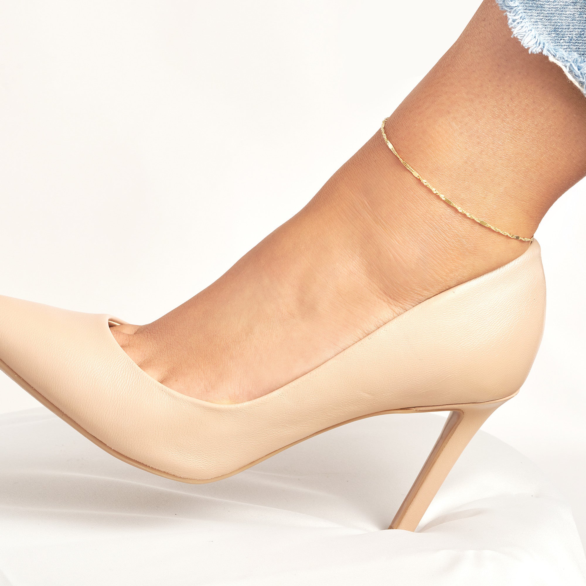 14k Yellow Gold Singapore Flat Saturn Chain Anklet, 10"