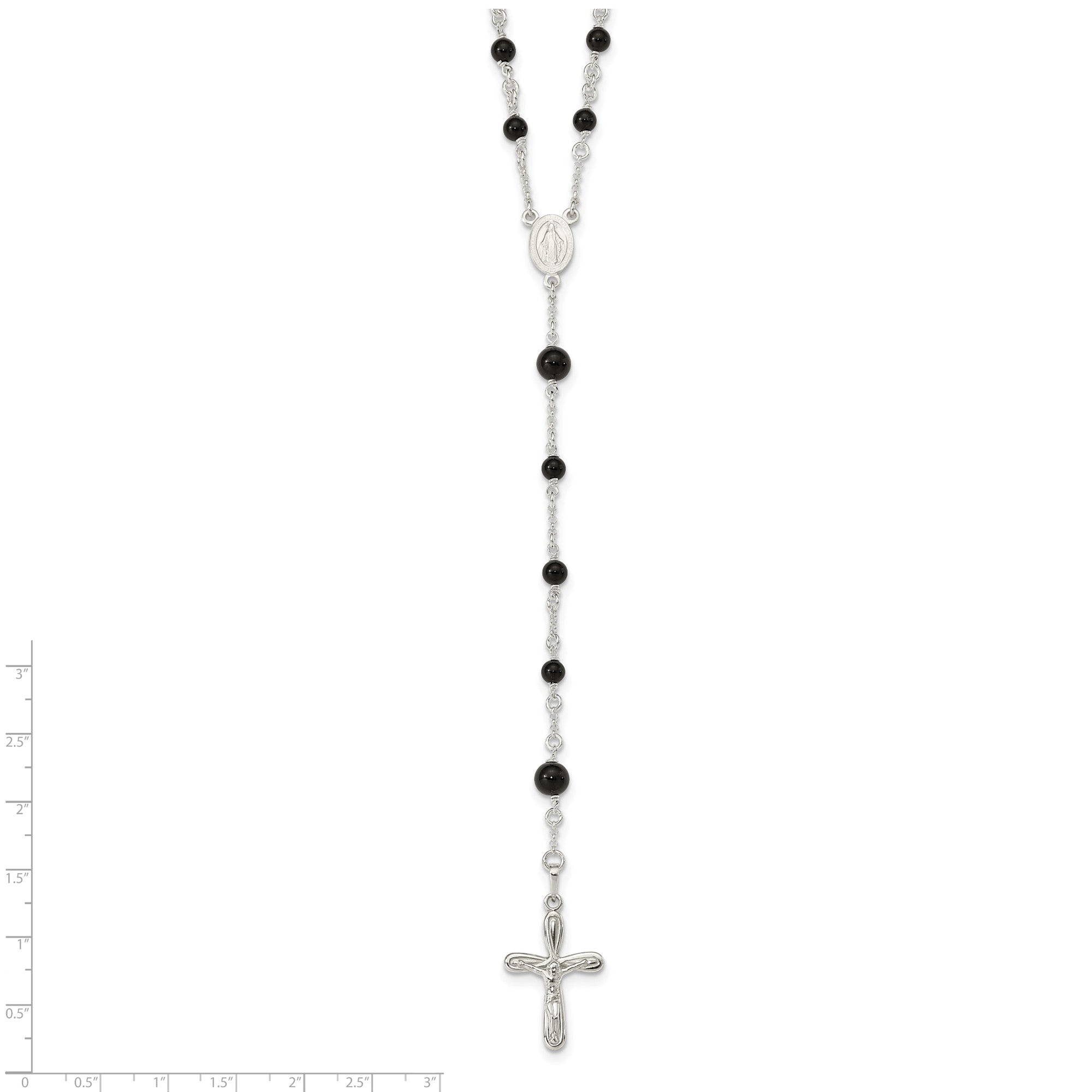 Sterling Silver High Polished Black Onyx Rosary Necklace, 33 Inch