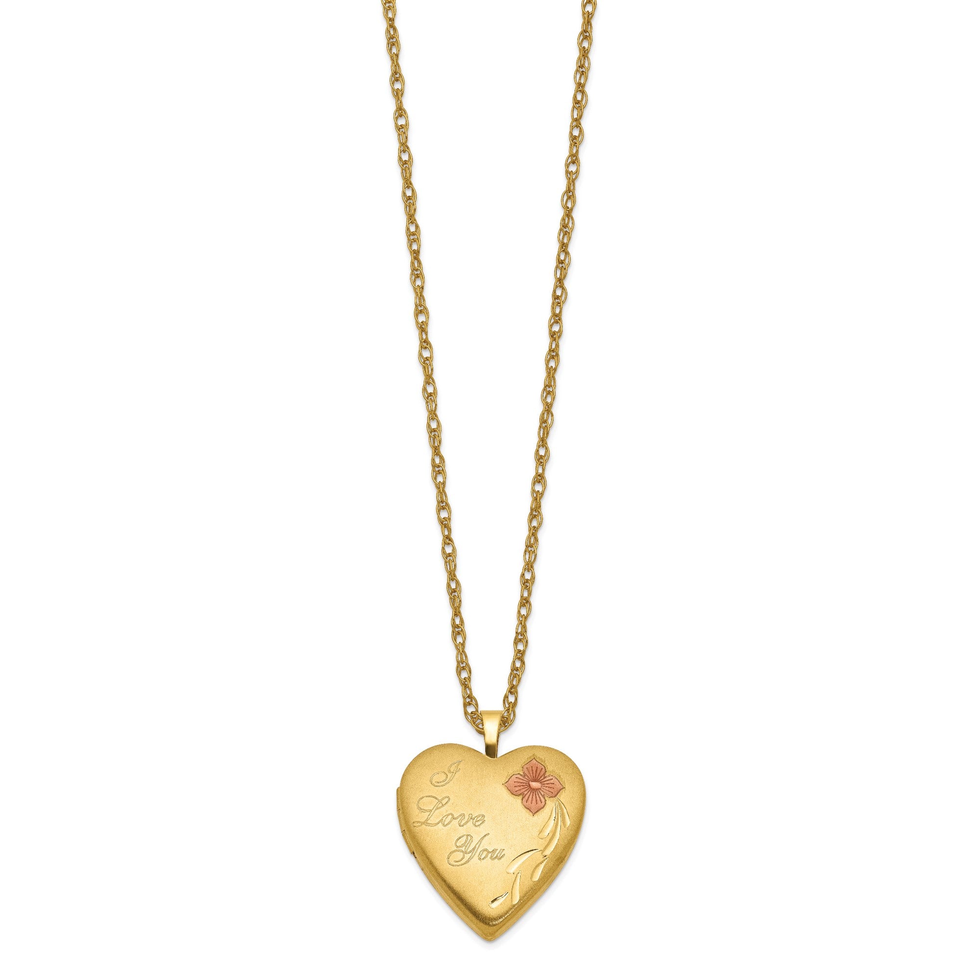 14k Yellow Gold Filled Heart Locket Necklace with I Love You Engraving, 20mm, Red Flower, 18 Inches