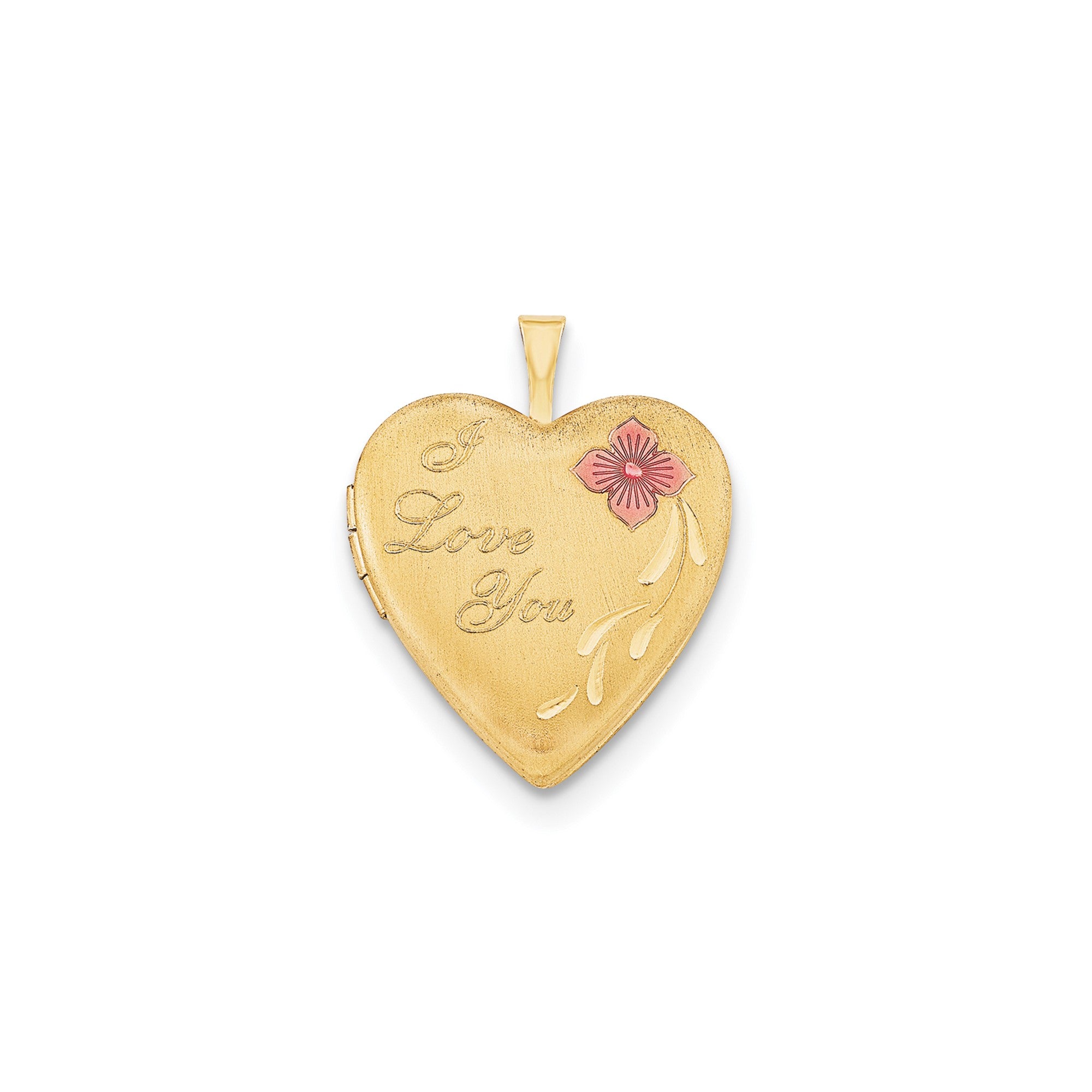 14k Yellow Gold Filled Heart Locket Necklace with I Love You Engraving, 20mm, Red Flower, 18 Inches
