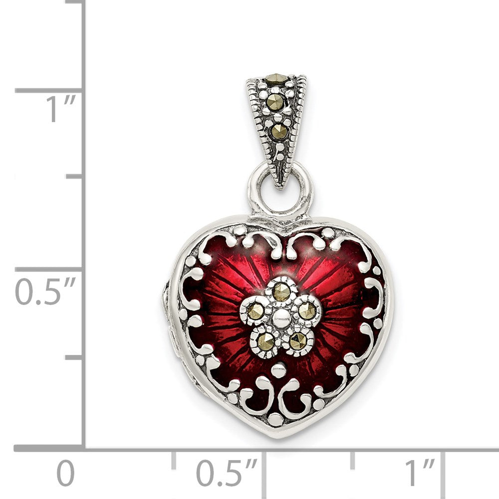 Sterling Silver Heart Locket Pendant with Red Enamel and Marcasite, 25x17mm