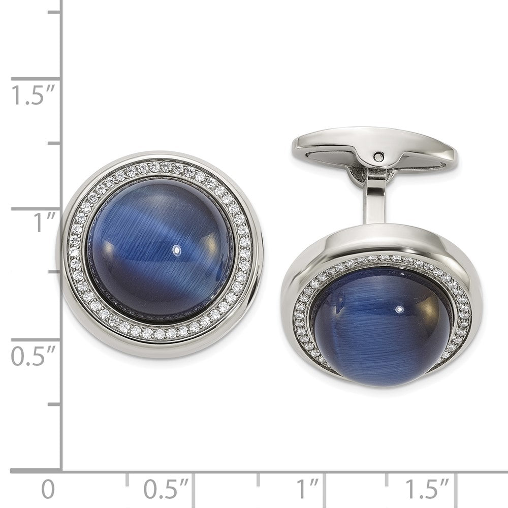 Chisel Stainless Steel Polished with CZ and Black/Blue Onyx Circle Cufflinks fine designer jewelry for men and women
