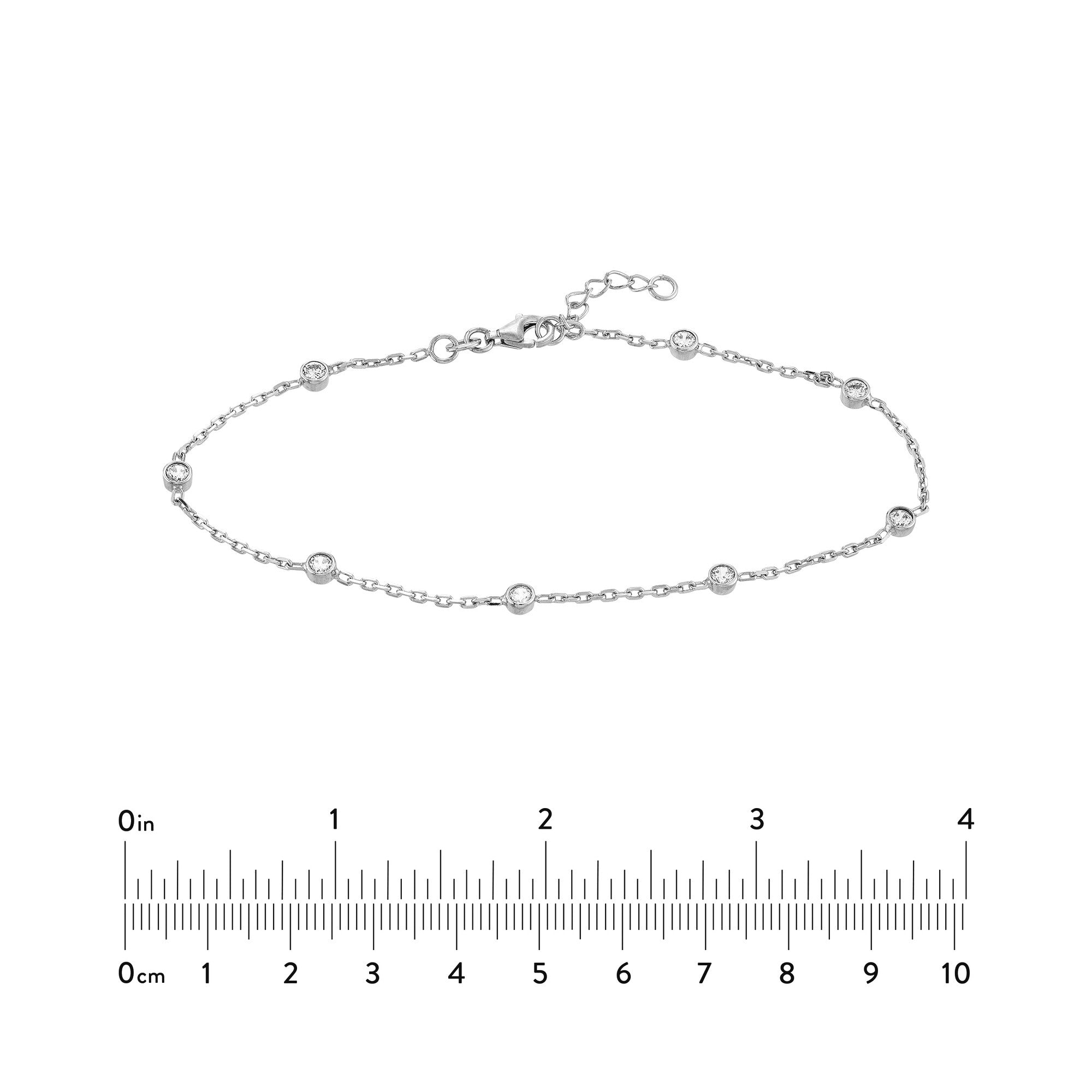 Sterling Silver Cubic Zirconia Station Chain Anklet, Adjustable 9-10 Inches