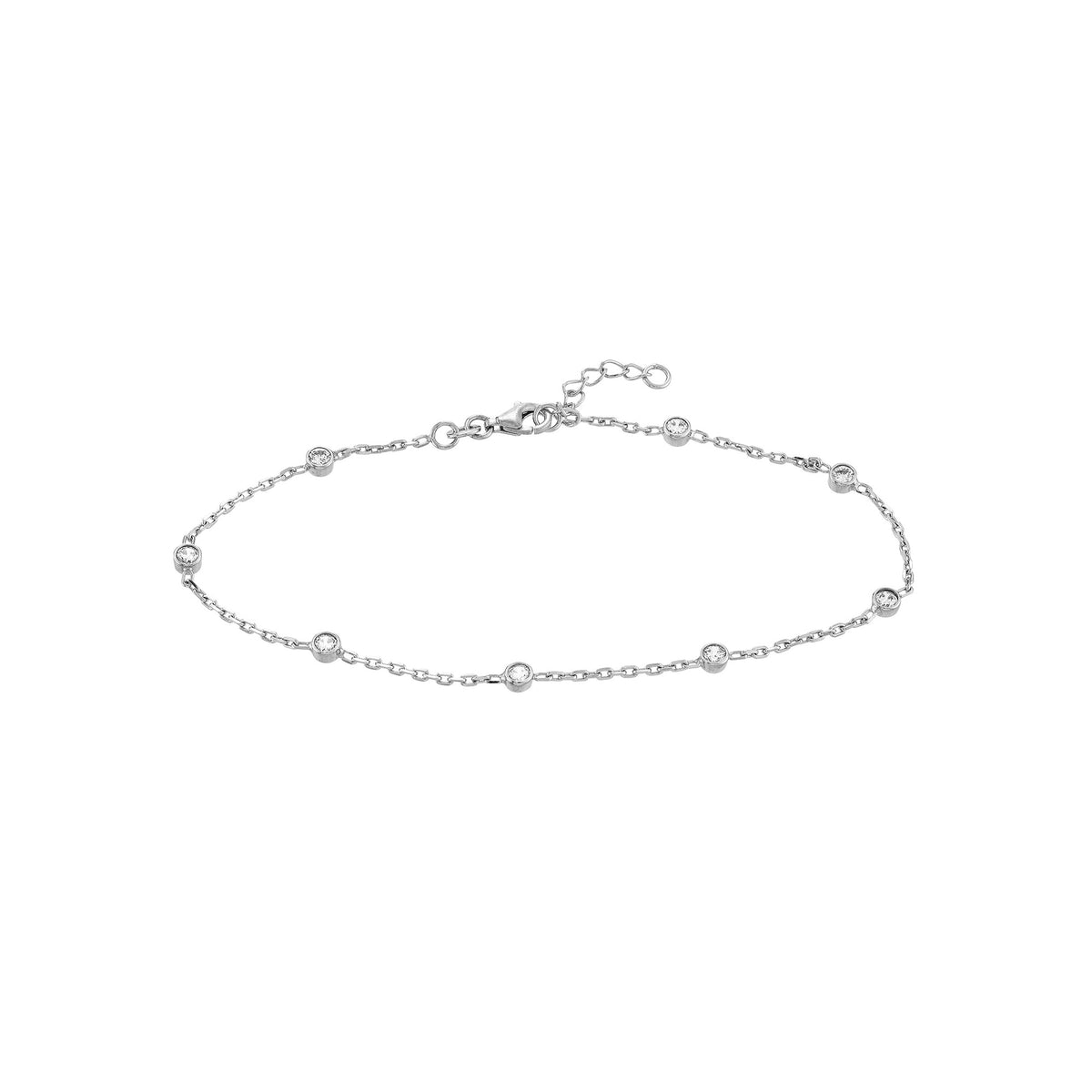 Sterling Silver Cubic Zirconia Station Chain Anklet, Adjustable 9-10 Inches