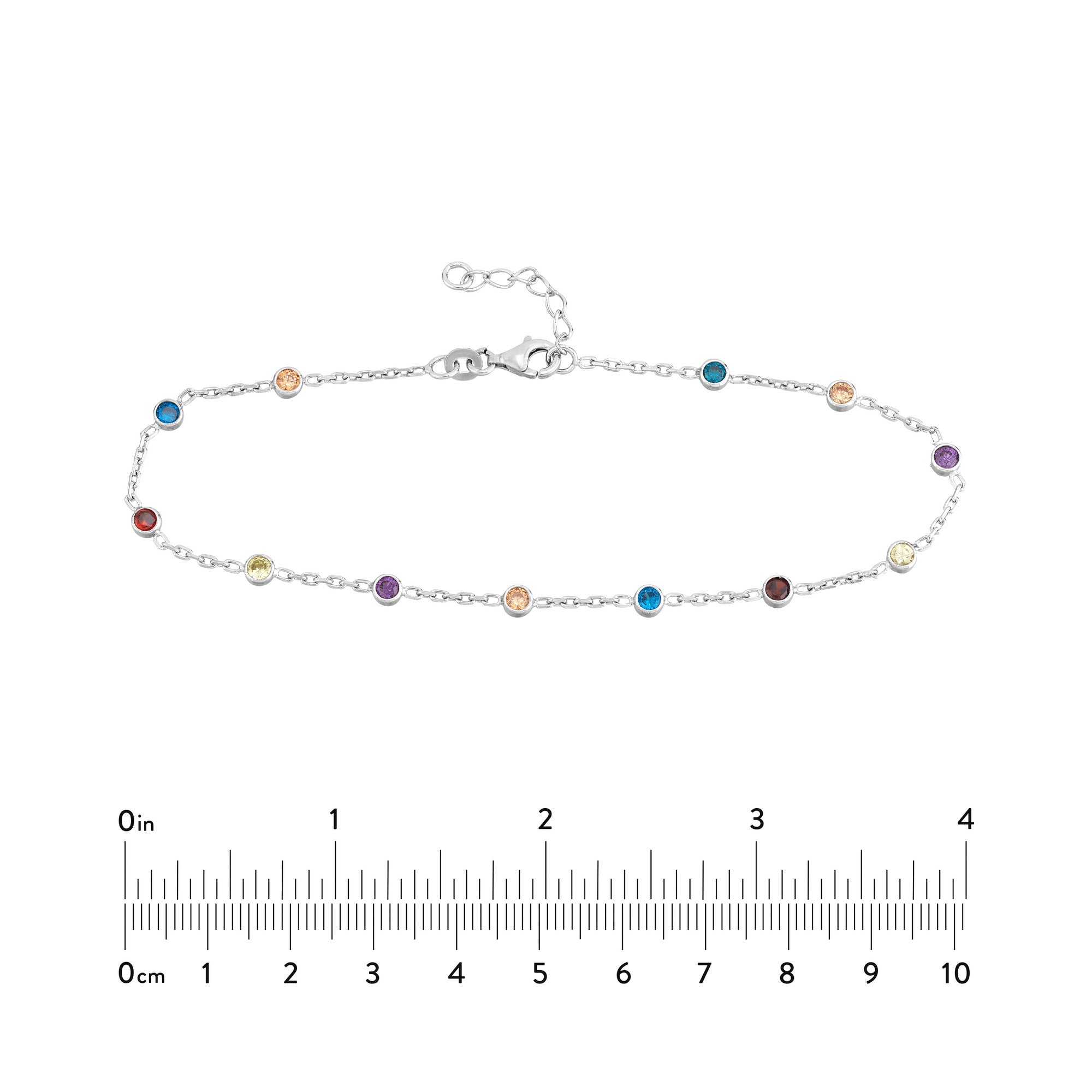 Sterling Silver Multi-Color CZ Chain Anklet, 10 Inch, Adjustable