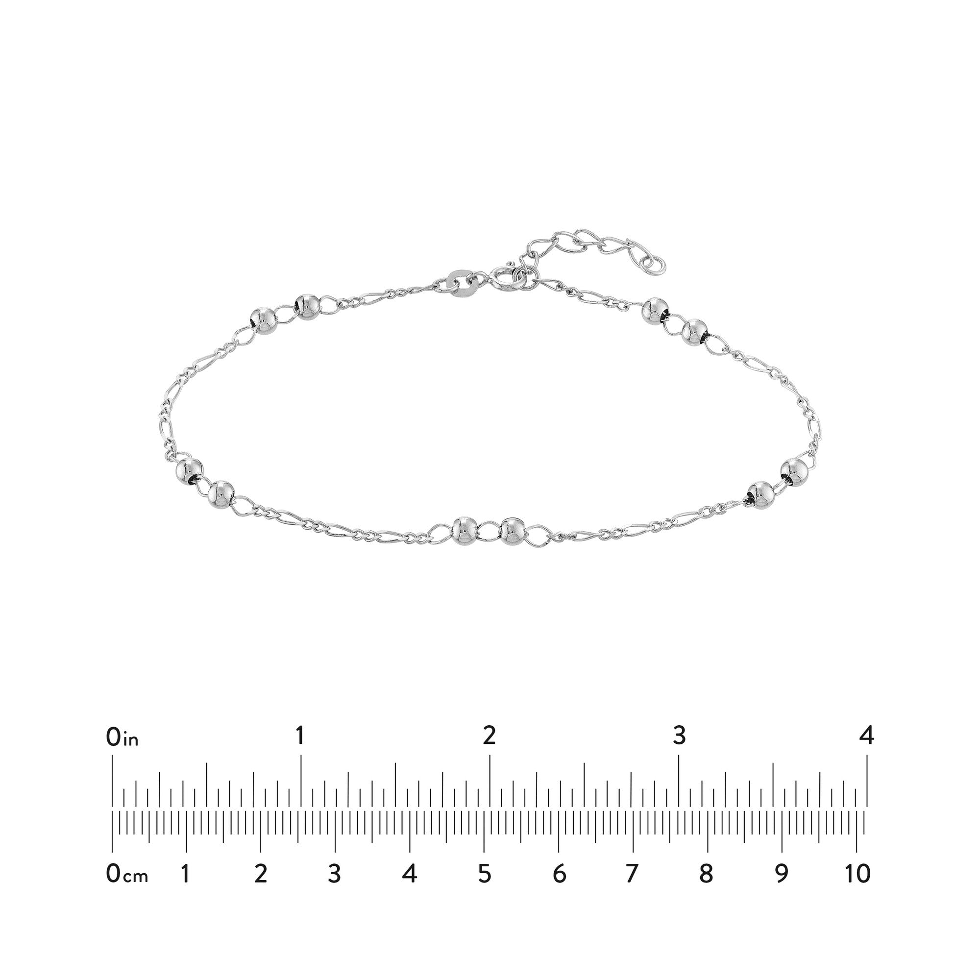 Sterling Silver Beads on Figaro Chain Adjustable Anklet, 10"