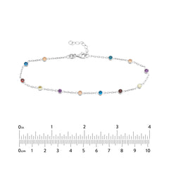 Sterling Silver Multi-Color CZ Chain Anklet, 10 Inch, Adjustable