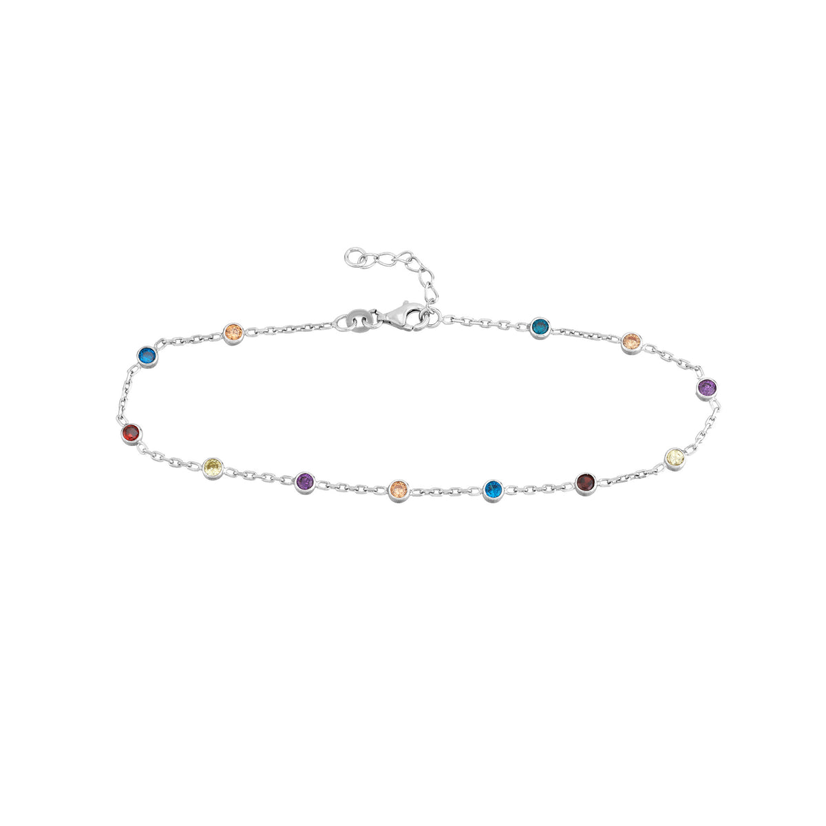 Sterling Silver Multi-Color CZ Chain Anklet, 10 Inch, Adjustable