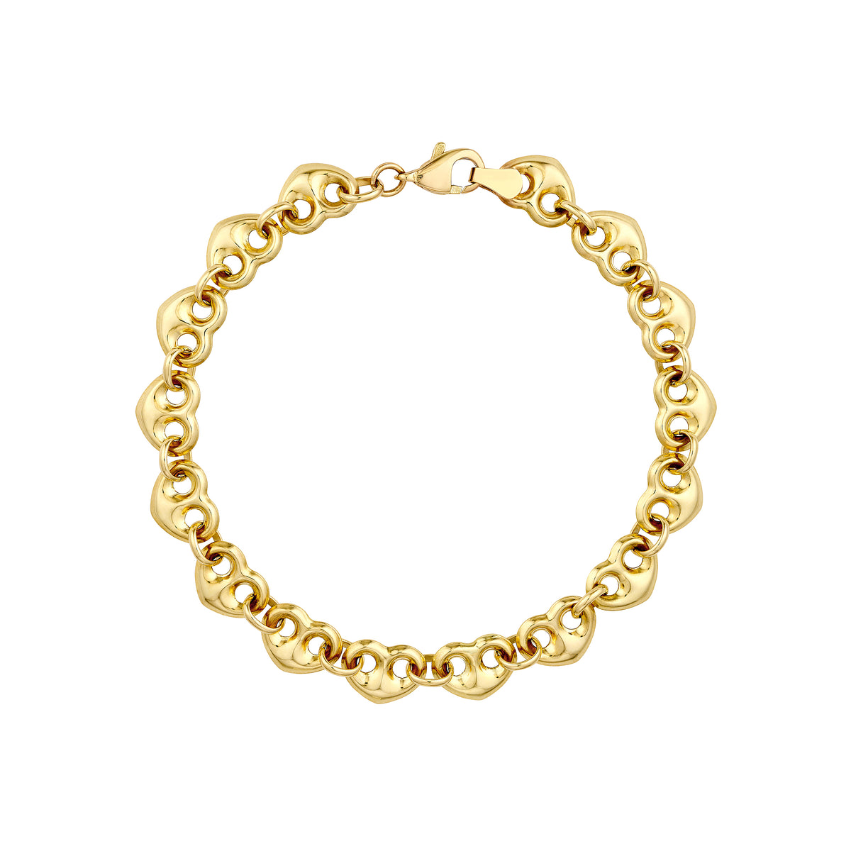 14k Real Yellow Puff Mariner Heart Charms Bracelet, 7.25 Inches