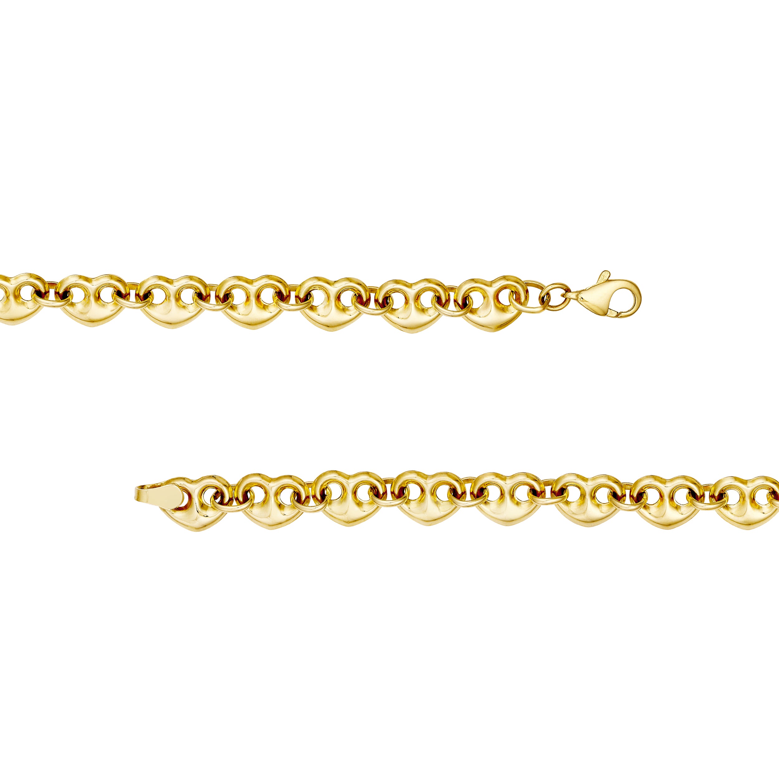 14k Real Yellow Puff Mariner Heart Charms Bracelet, 7.25 Inches