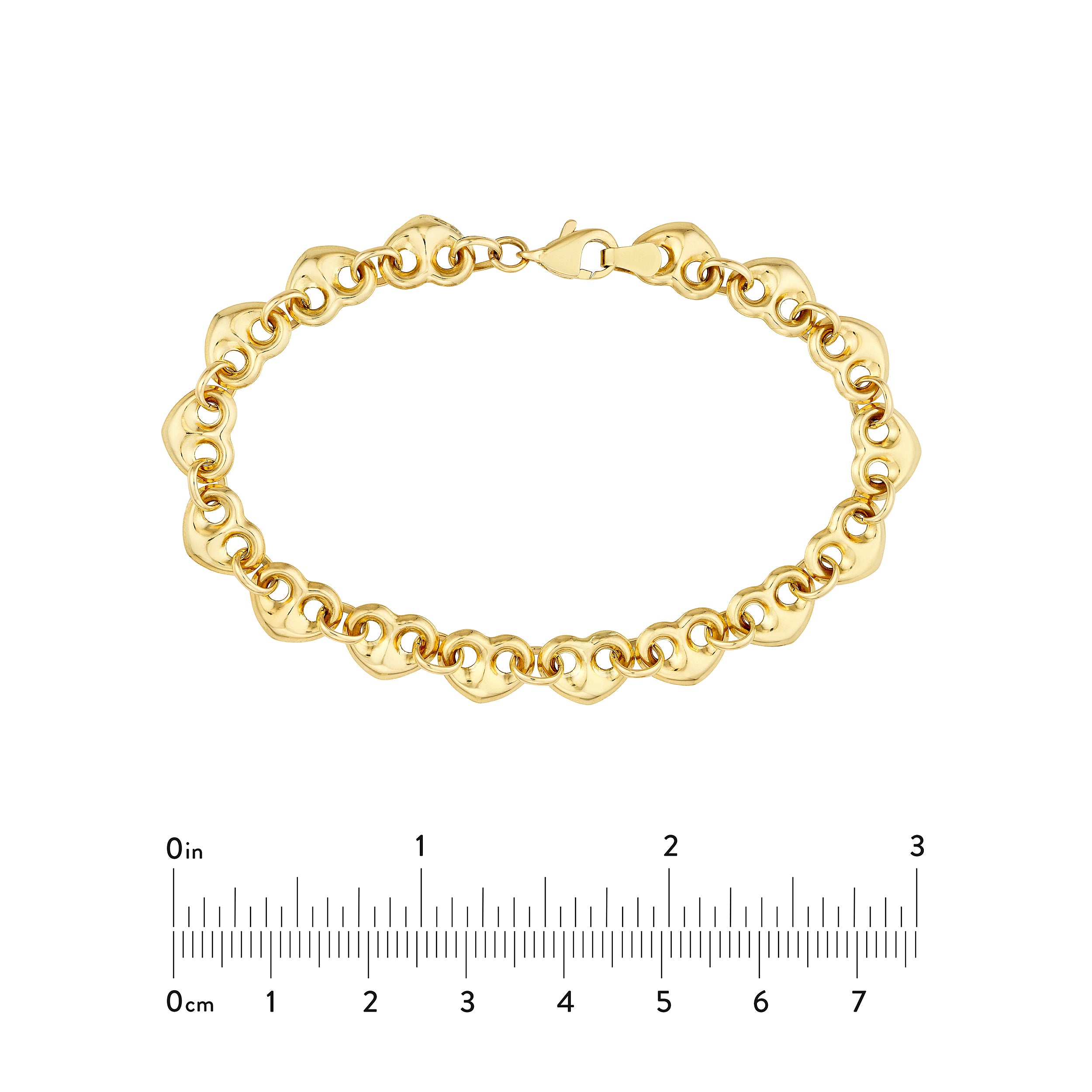 14k Real Yellow Puff Mariner Heart Charms Bracelet, 7.25 Inches