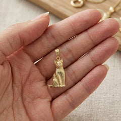 14K Real Solid Yellow Gold Sitting Cat Pendant, 25x13mm