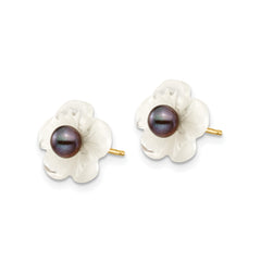 14k Yellow Gold Black Pearl & Mother of Pearl Flower Post Earrings,10mm