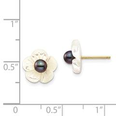 14k Yellow Gold Black Pearl & Mother of Pearl Flower Post Earrings,10mm