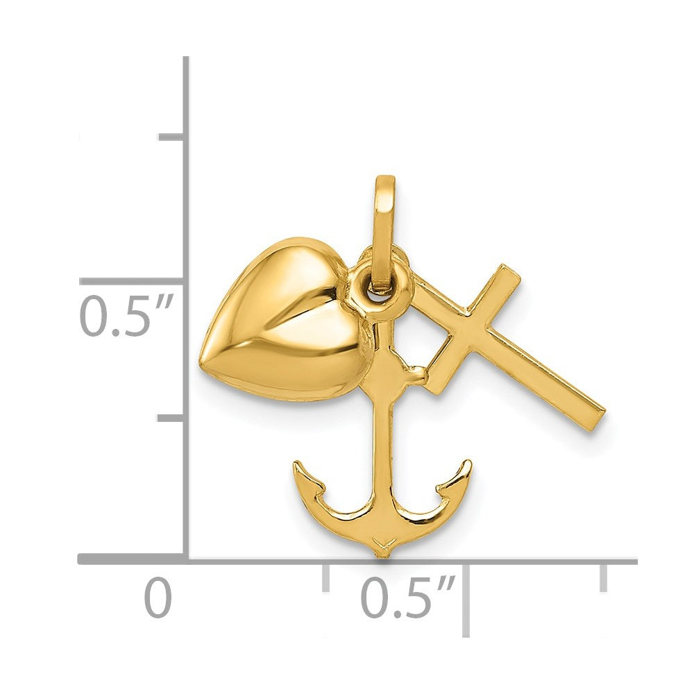 14K Yellow Gold Faith Charm Pendant with Heart, Cross and Anchor, 17x20mm