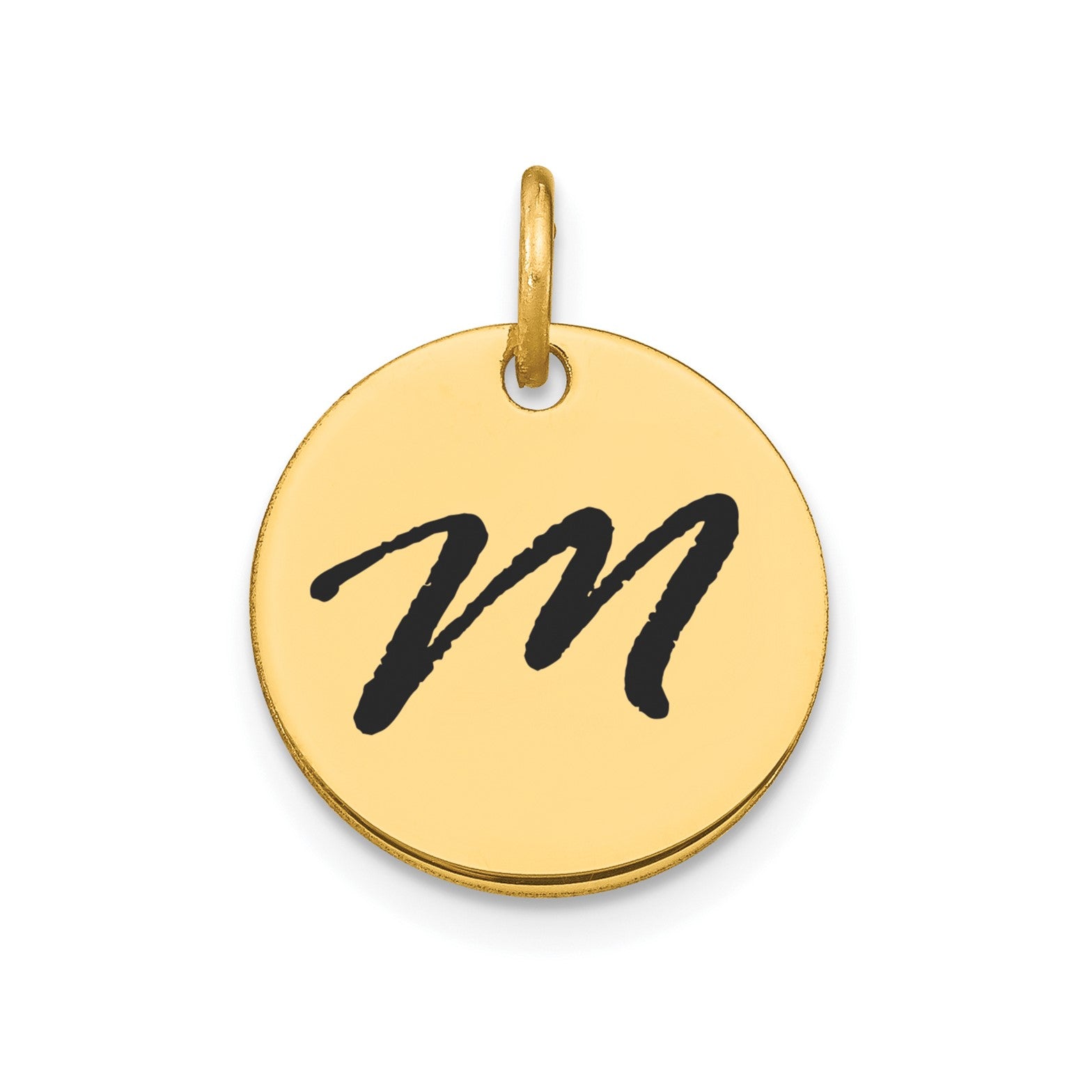 14K Yellow Gold High Polished Black Enamel Initial Disk Pendant 15mm fine designer jewelry for men and women