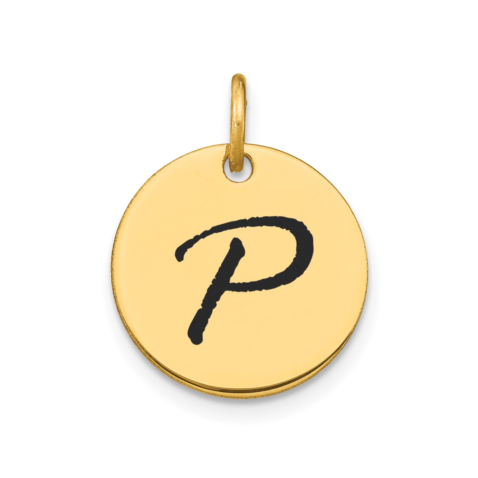 14K Yellow Gold High Polished Black Enamel Initial Disk Pendant 15mm fine designer jewelry for men and women