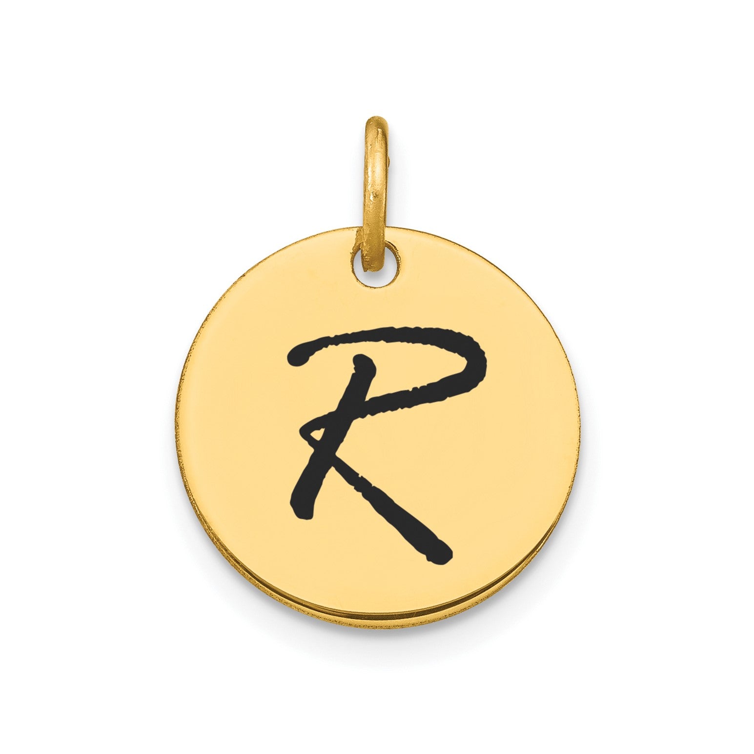 14K Yellow Gold High Polished Black Enamel Initial Disk Pendant 15mm fine designer jewelry for men and women