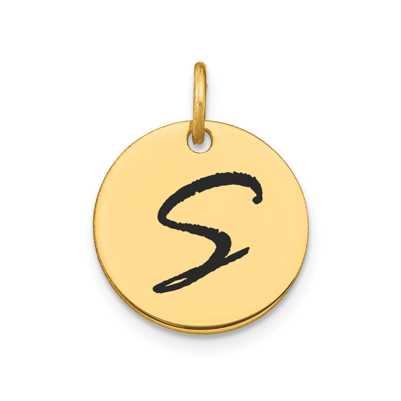 14K Yellow Gold High Polished Black Enamel Initial Disk Pendant 15mm fine designer jewelry for men and women