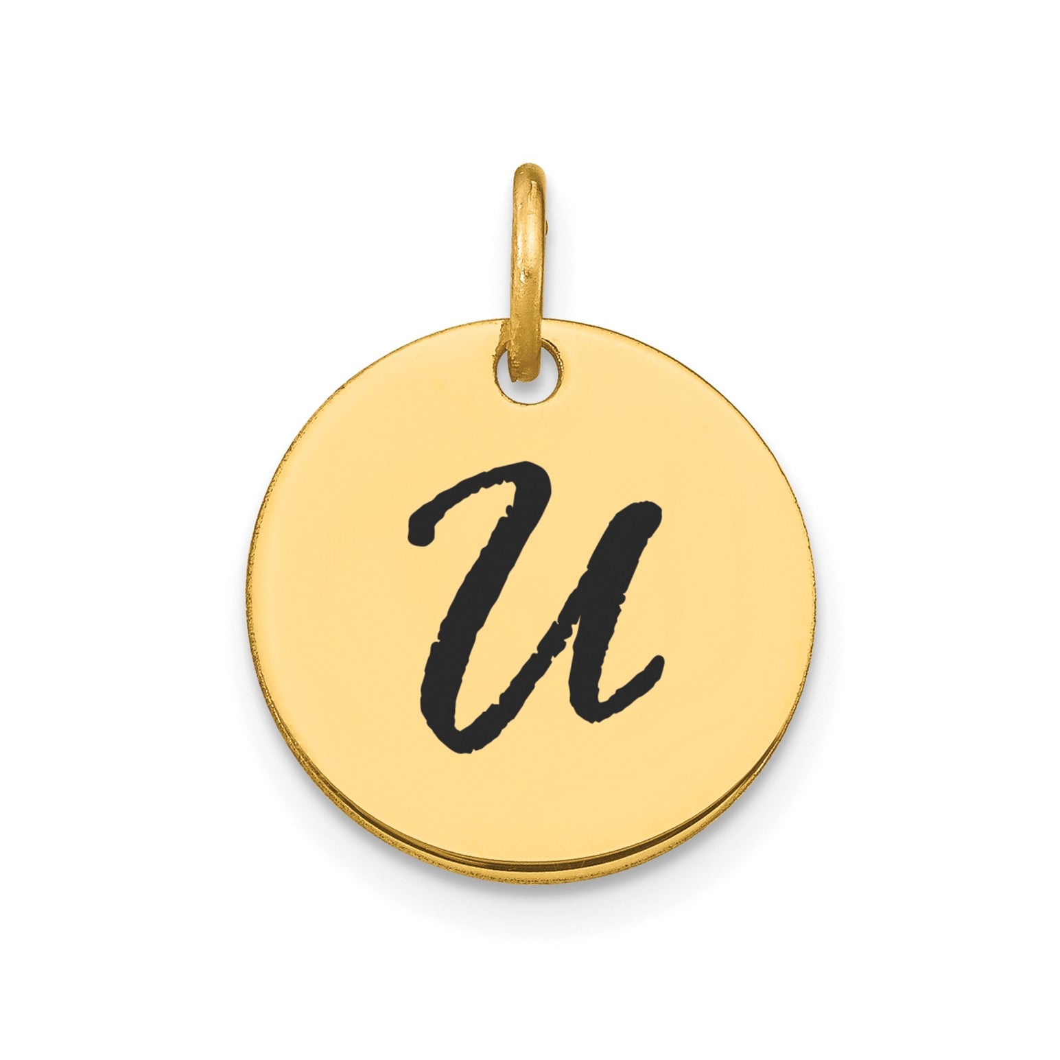 14K Yellow Gold High Polished Black Enamel Initial Disk Pendant 15mm fine designer jewelry for men and women