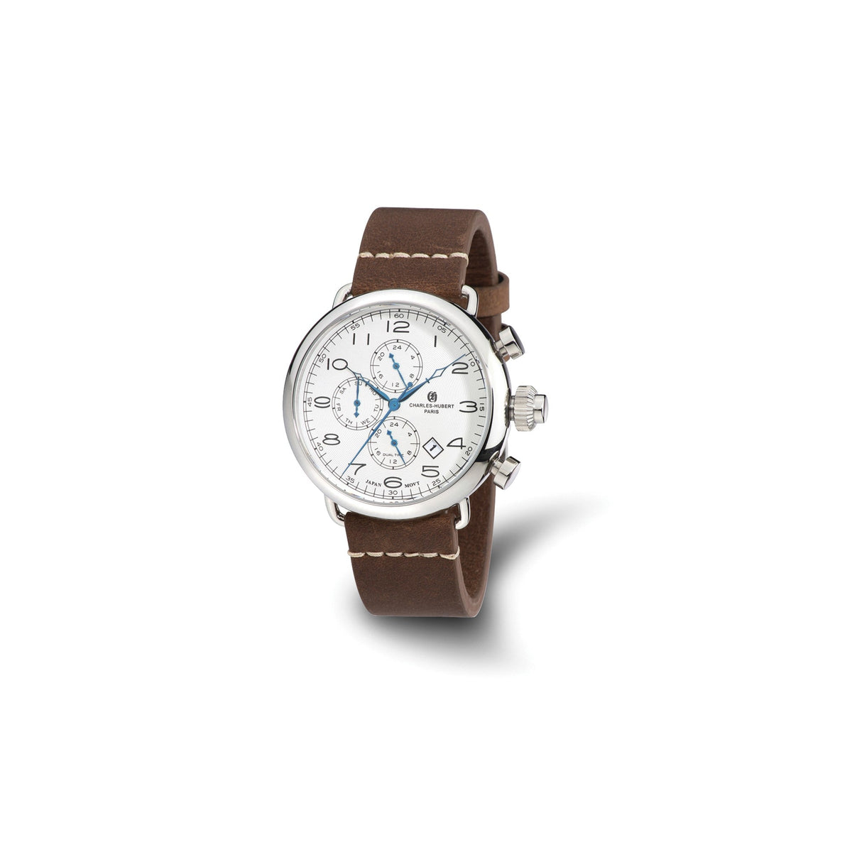 Charles Hubert Men's Stainless Brown Leather Band 46mm Dual Time Watch