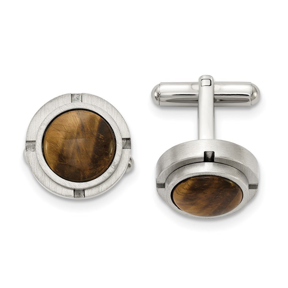Chisel Stainless Steel Brushed and Polished with Tiger's Eye Circle Cufflinks - JewelryAffairs