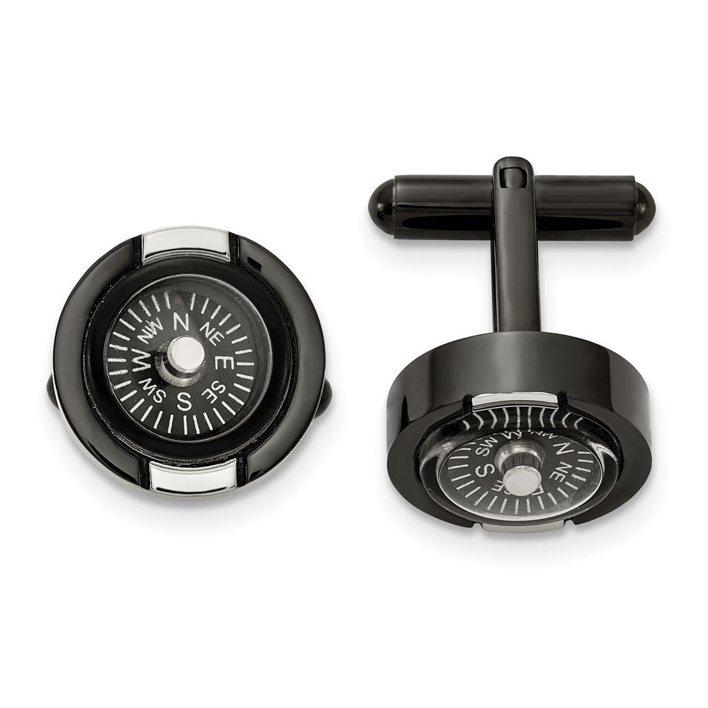 Chisel Stainless Steel Polished Black IP - Plated Functional Compass Cufflinks - JewelryAffairs