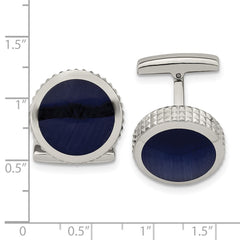 Chisel Stainless Steel Polished Blue Cat's Eye Textured Edge Circle Cufflinks - JewelryAffairs