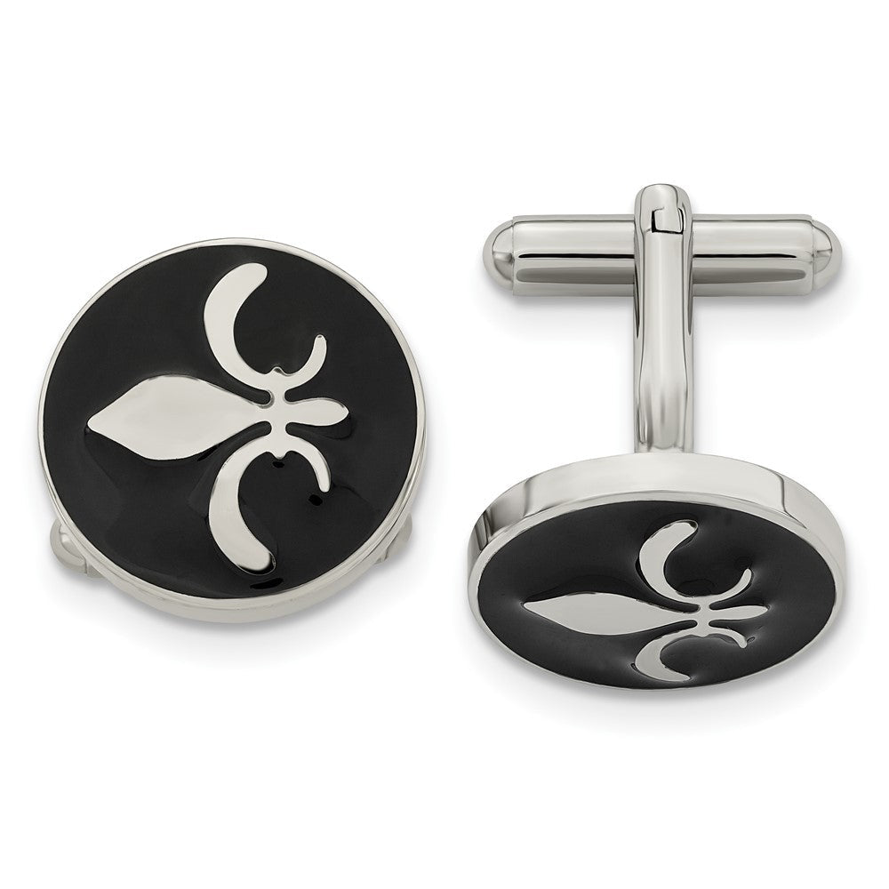 Chisel Stainless Steel Polished Enameled with Fleur de lis Circle Cufflinks - JewelryAffairs
