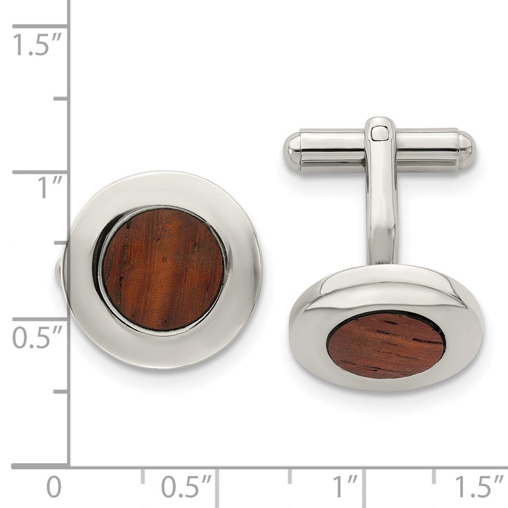 Chisel Stainless Steel Polished Koa Wood Inlay Circle Cufflinks - JewelryAffairs