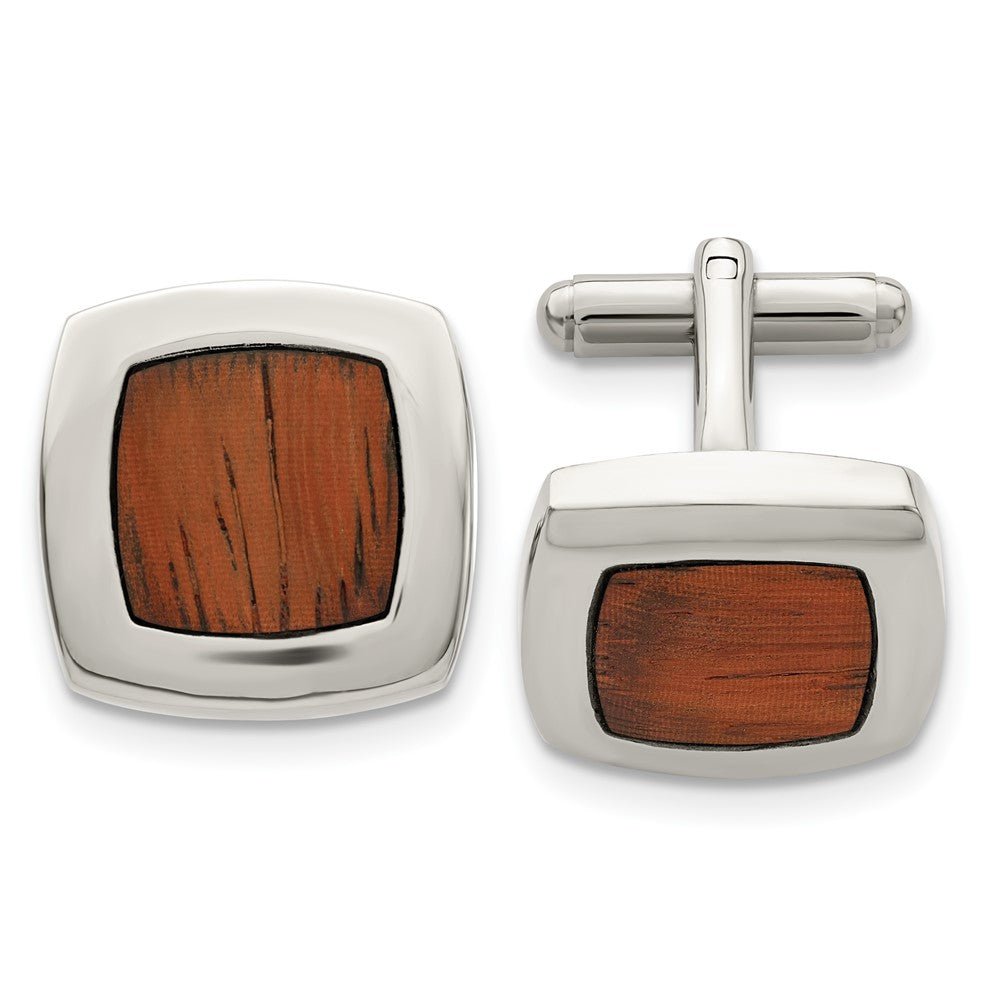 Chisel Stainless Steel Polished Koa Wood Inlay Rounded Square Cufflinks - JewelryAffairs