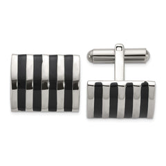 Chisel Stainless Steel Polished with Black Enamel Stripes Cuff Links - JewelryAffairs
