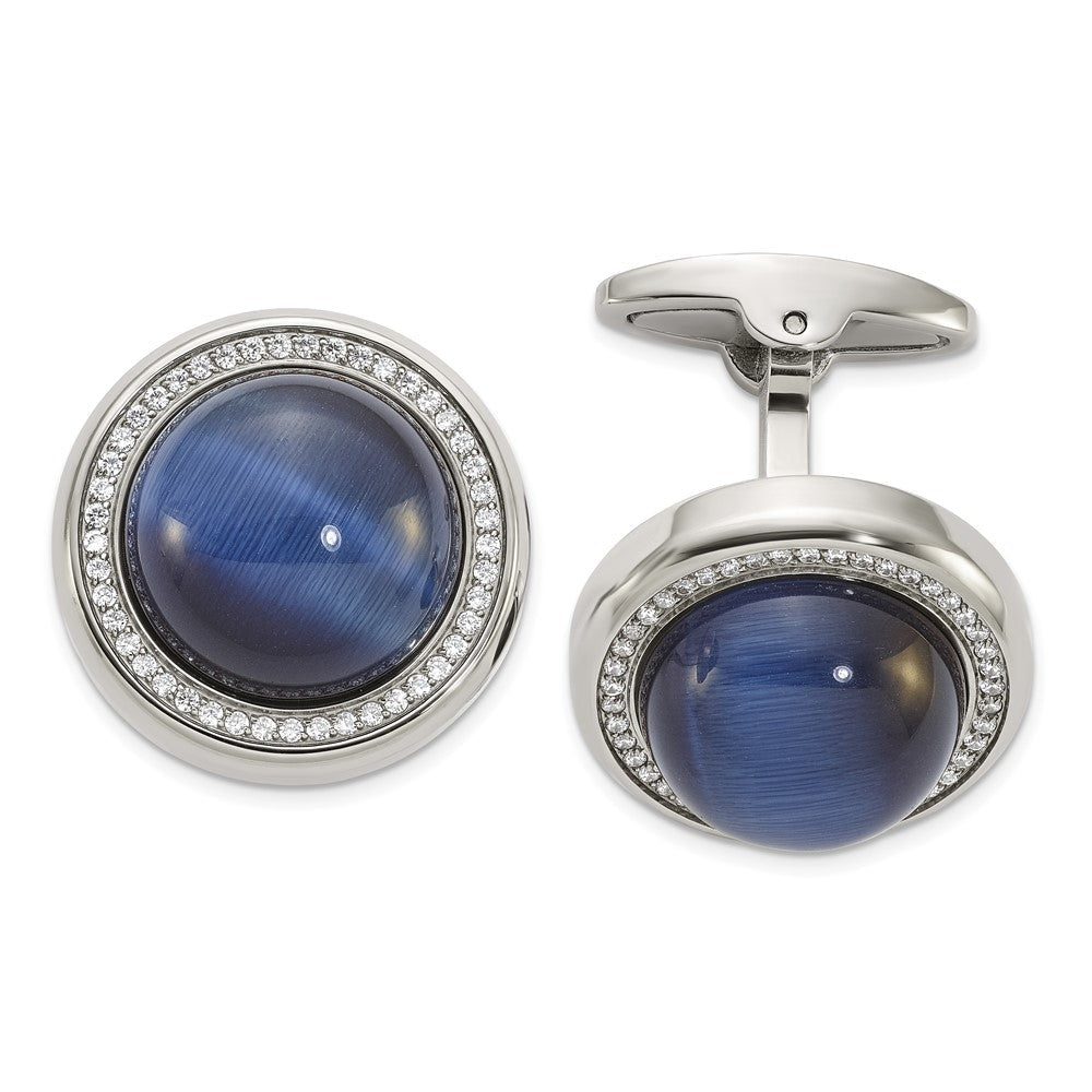Chisel Stainless Steel Polished with CZ and Black/Blue Onyx Circle Cufflinks - JewelryAffairs