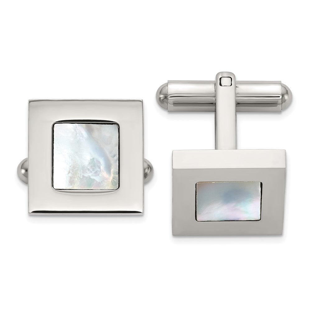 Chisel Stainless Steel Polished with Mother of Pearl Inlay Square Cuff Links - JewelryAffairs