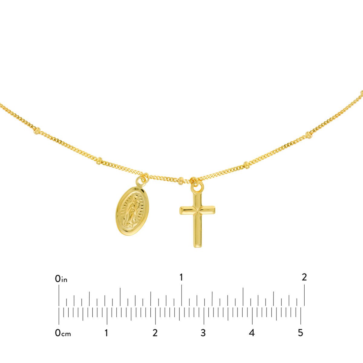 Choker With Dangling Virgin Mary And Cross 14k Yellow Gold Necklace, 16" Adjustable