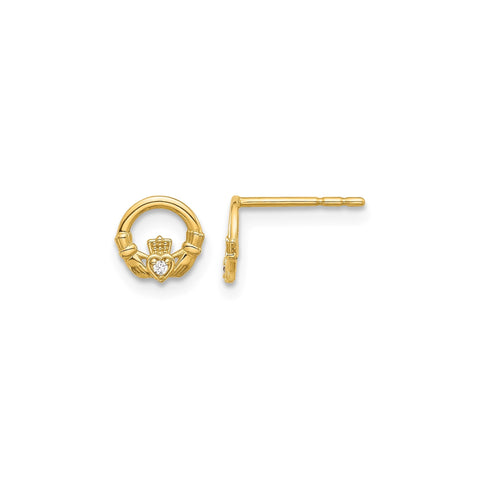 CZ Claddagh Post Earrings, 14K Gold, Cubic Zirconia, Irish Love Loyalty Friendship Style