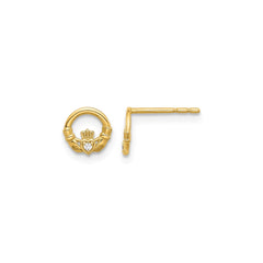 CZ Claddagh Post Earrings, 14K Gold, Cubic Zirconia, Irish Love Loyalty Friendship Style