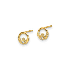 CZ Claddagh Post Earrings, 14K Gold, Cubic Zirconia, Irish Love Loyalty Friendship Style