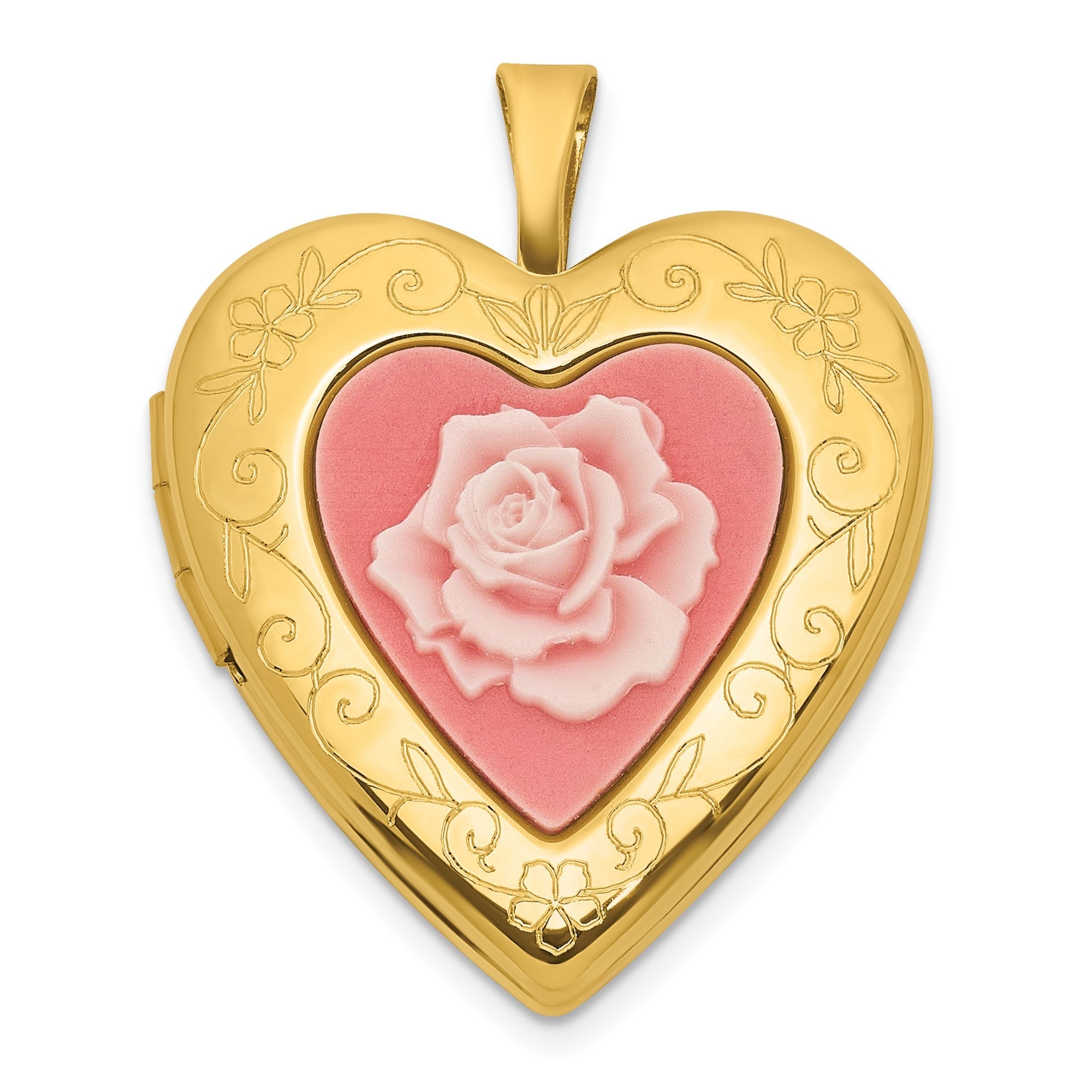 Gold - Plated Sterling Silver Heart Locket with Pink Rose Cameo, 20mm - JewelryAffairs