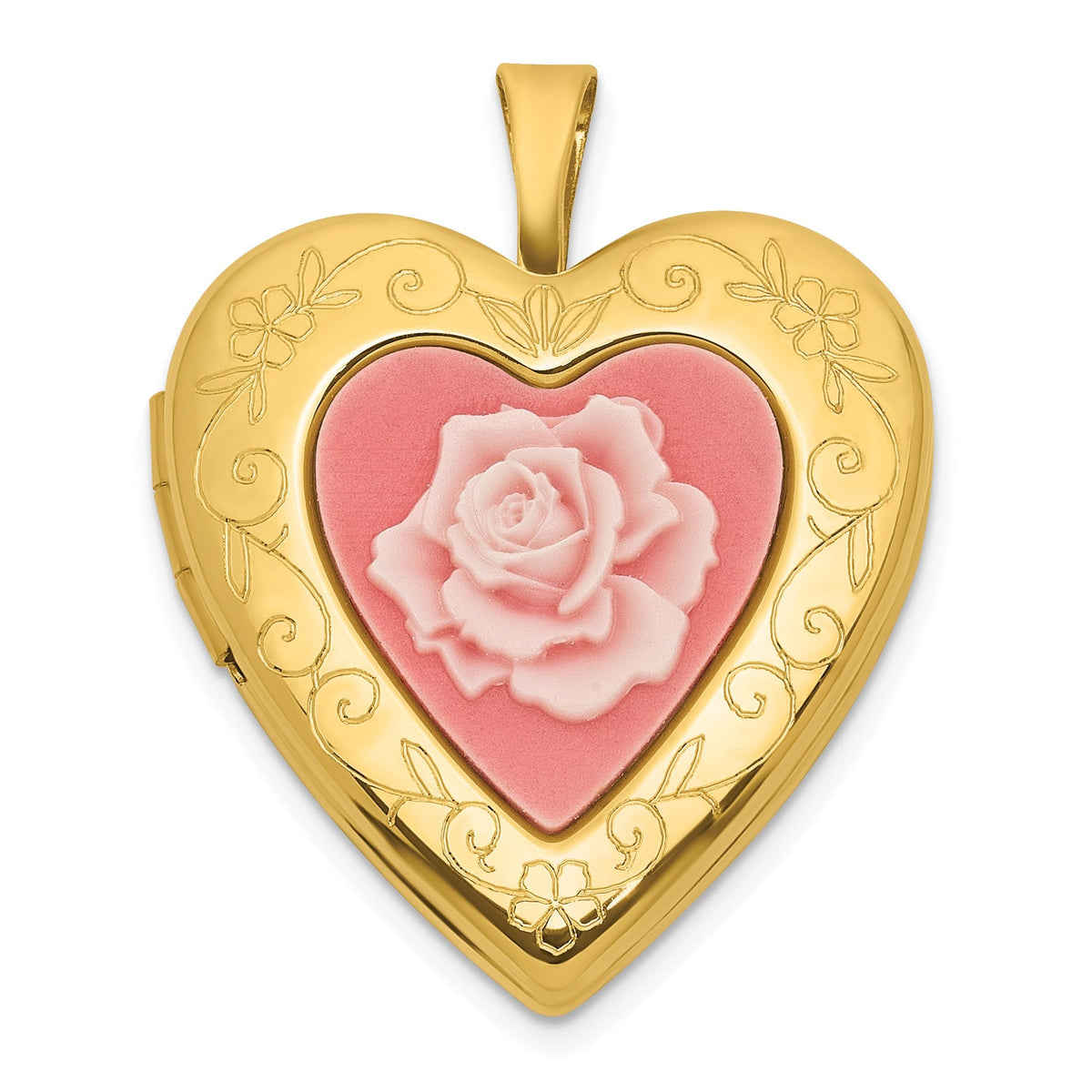 Gold - Plated Sterling Silver Heart Locket with Pink Rose Cameo, 20mm - JewelryAffairs