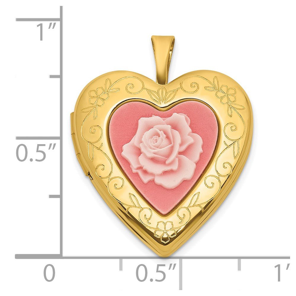 Gold - Plated Sterling Silver Heart Locket with Pink Rose Cameo, 20mm - JewelryAffairs