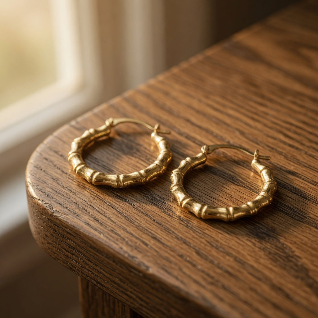 14k Yellow Gold Polished Bamboo Style Hoop Earrings, 17mm