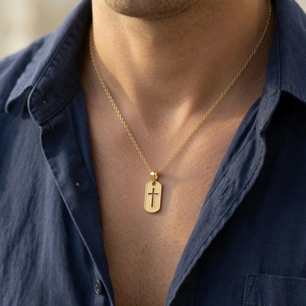14k Yellow Gold High Polished Cross Cut-out Pendant Dog Tag