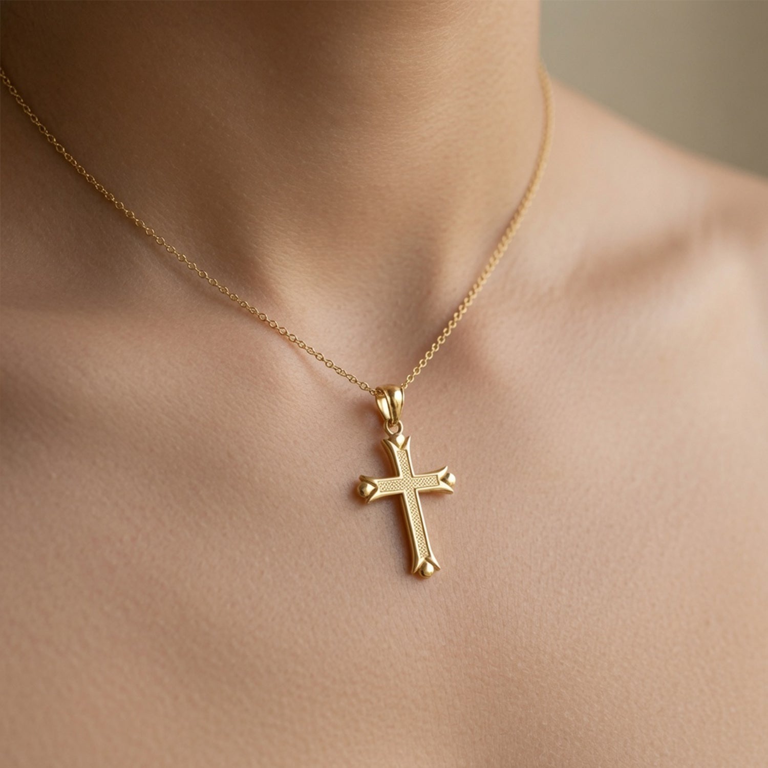 14k Real Yellow Solid Gold Fleur De Lis Cross Pendant, 30x16mm