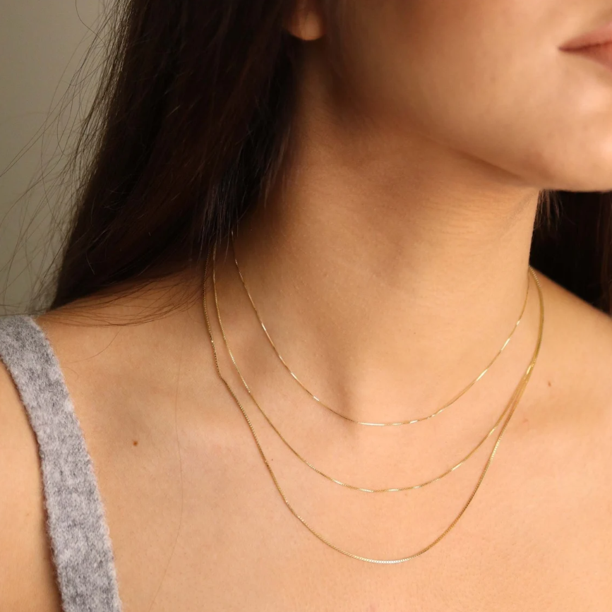 10k Yellow Solid Gold Mirror Box Chain Necklace, 0.6mm