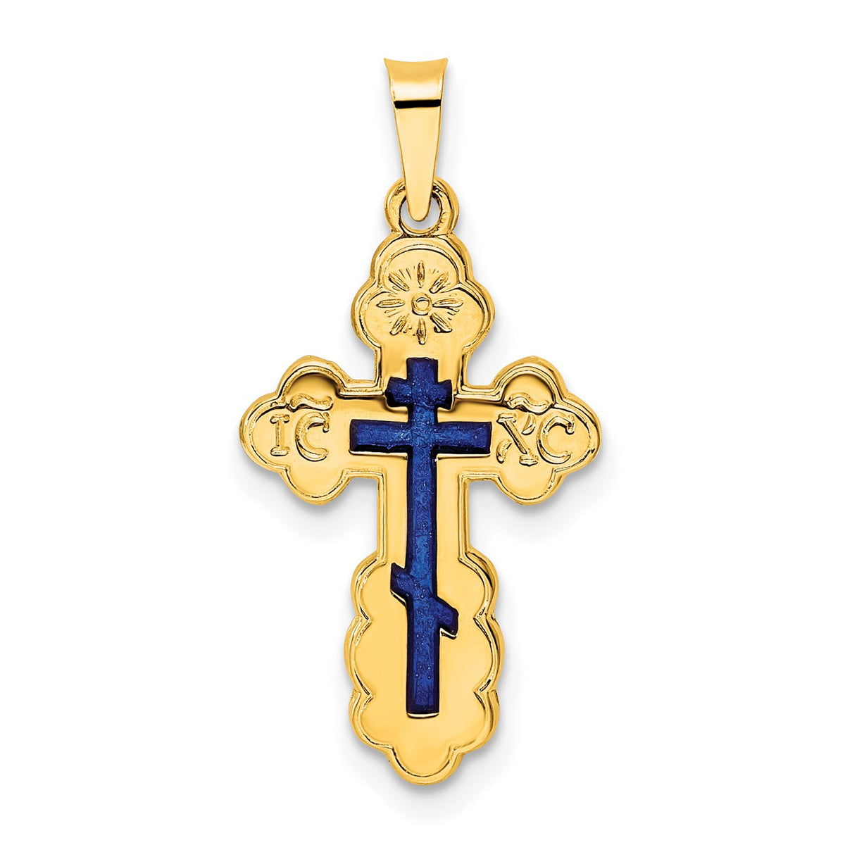 14K Yellow Gold Polished Eastern Orthodox Blue Enamel Solid Cross Pendant fine designer jewelry for men and women